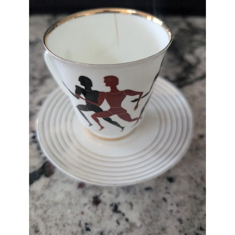 Vintage Lomonosov USSR Moscow 1980 Olympics Runner Porcelain Cup Saucer Cracked